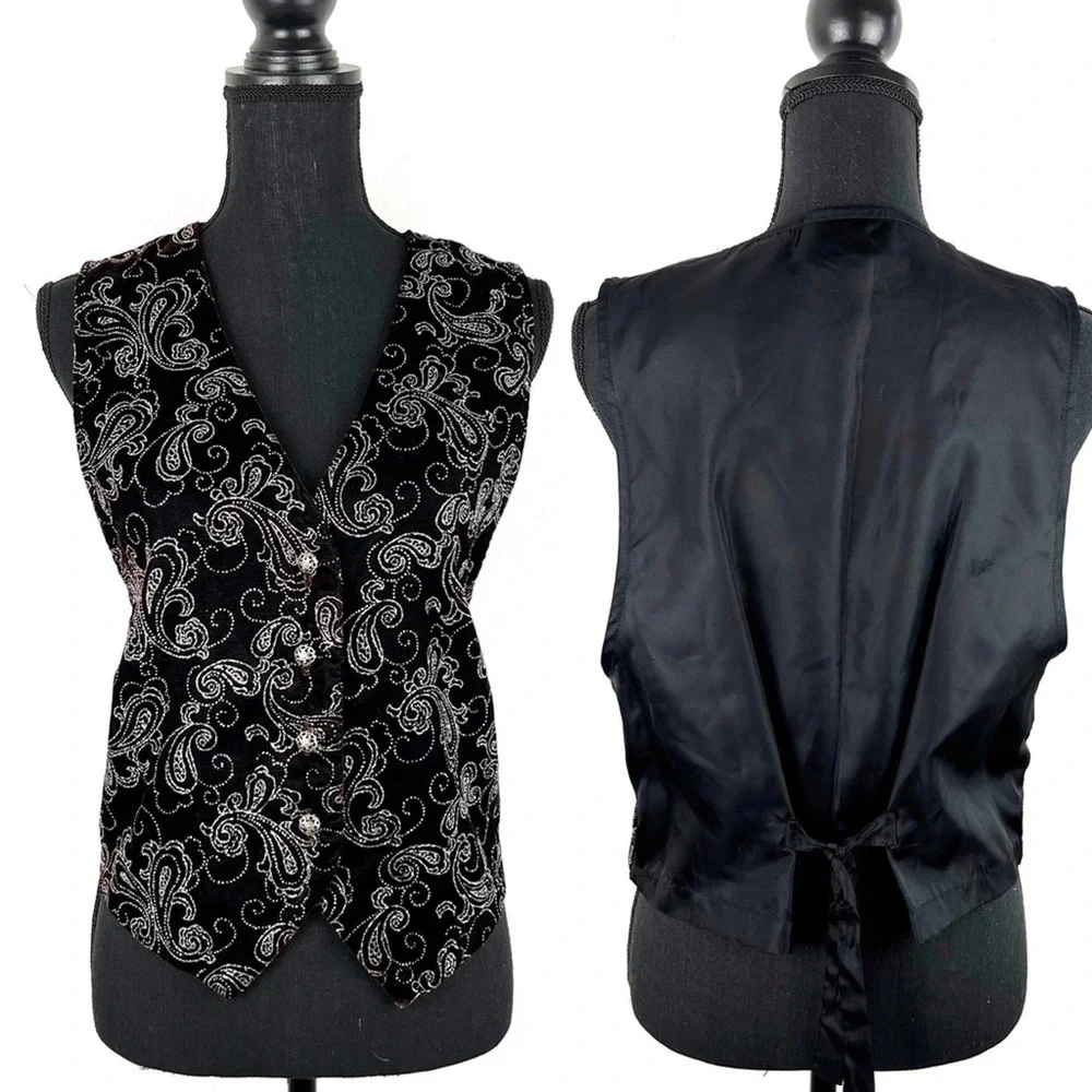 Vintage Black Velvet Vest Metallic Paisley Button Front